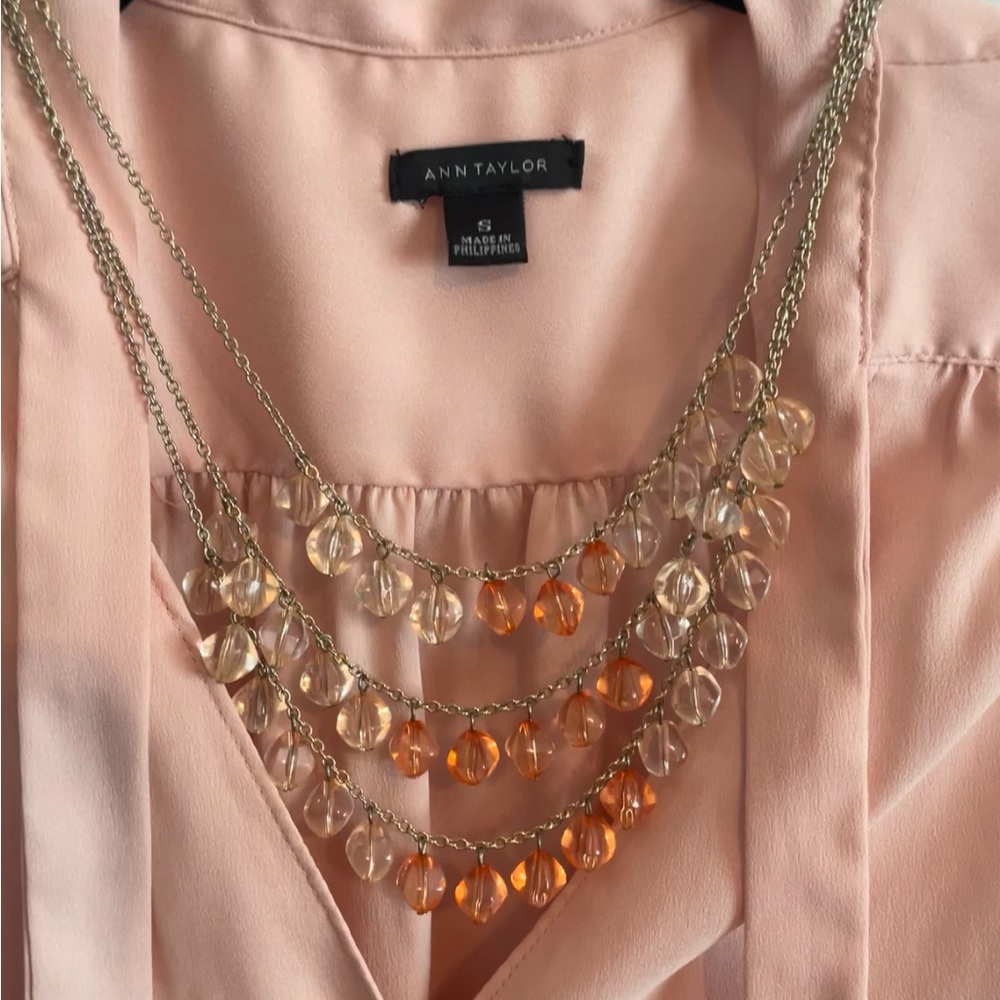Multi-layered beaded necklace/ clear & orange